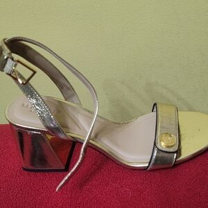 Ted Baker Gold Block Heel Sandals NATURAL Leather with Adjustable Straps